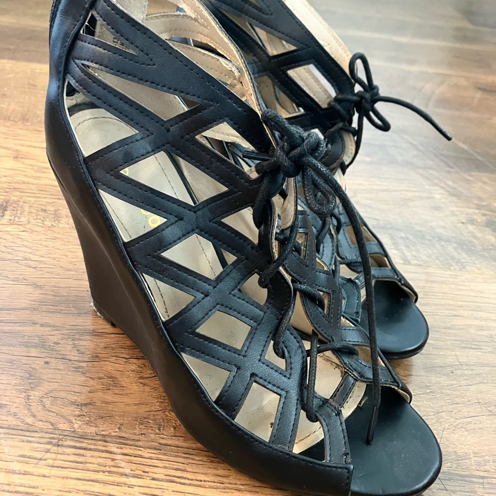 Women's Black Lace Up Wedge Sandals